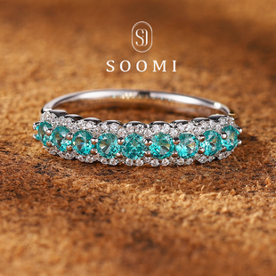 【SOOMI 寰宇】帕拉伊巴排戒1.1克拉培育蓝宝石钻切银镀金戒指女