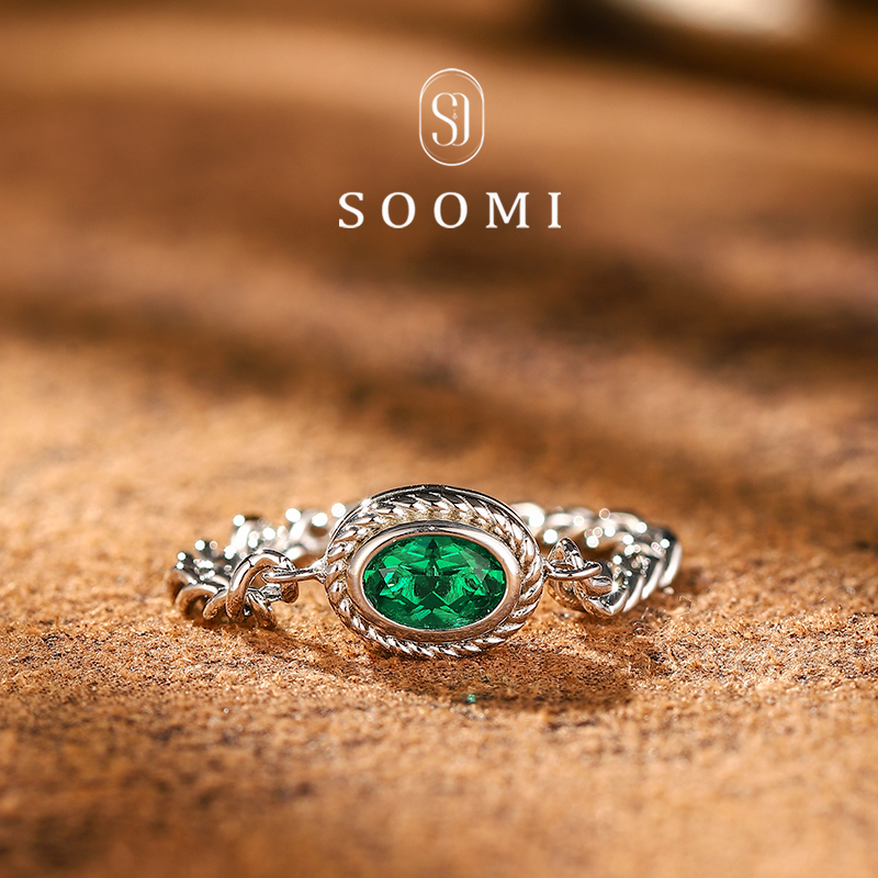 [定制][同心链]925银椭圆沃顿绿培育祖母绿戒指时尚通勤链条戒环