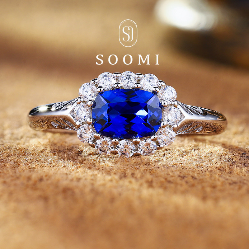 【SOOMI 汉蓝】蓝宝石戒指1.2ct培育皇家蓝枕形925银镶钻戒子