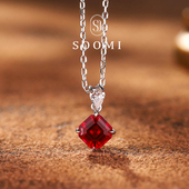 925银培育鸽血红宝石吊坠方糖项链轻奢高级感锁骨链女 SOOMI星火