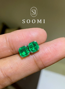 【SOOMI潮奢】925银1ct木佐色培育祖母绿宝石耳钉简约百搭耳饰女