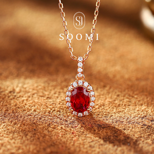【SOOMI 彼岸花】红宝石项链满钻围镶戴妃款吊坠鸽血红彩宝礼物女