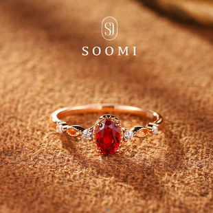 【SOOMI落日红】925银0.7ct培育鸽血红宝石戒指复古百搭日常戒环
