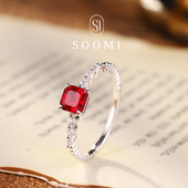 SOOMI傲雪 925银0.7ct培育鸽血红宝石戒指简约人造红宝石戒指