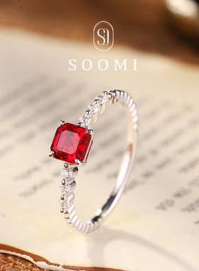 【SOOMI傲雪】925银0.7ct培育鸽血红宝石戒指简约人造红宝石戒指