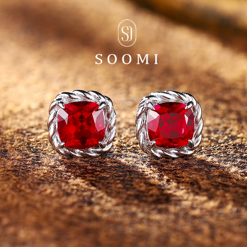 【新品85折！麻花卷】鸽血红宝石耳钉925银镀金镶实验室培育耳饰