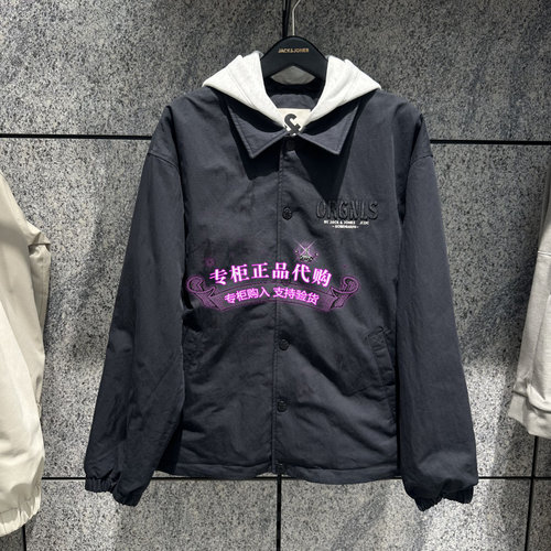 杰克琼斯2026冬男棉服可拆卸帽印花保暖翻领休闲工装 226409010