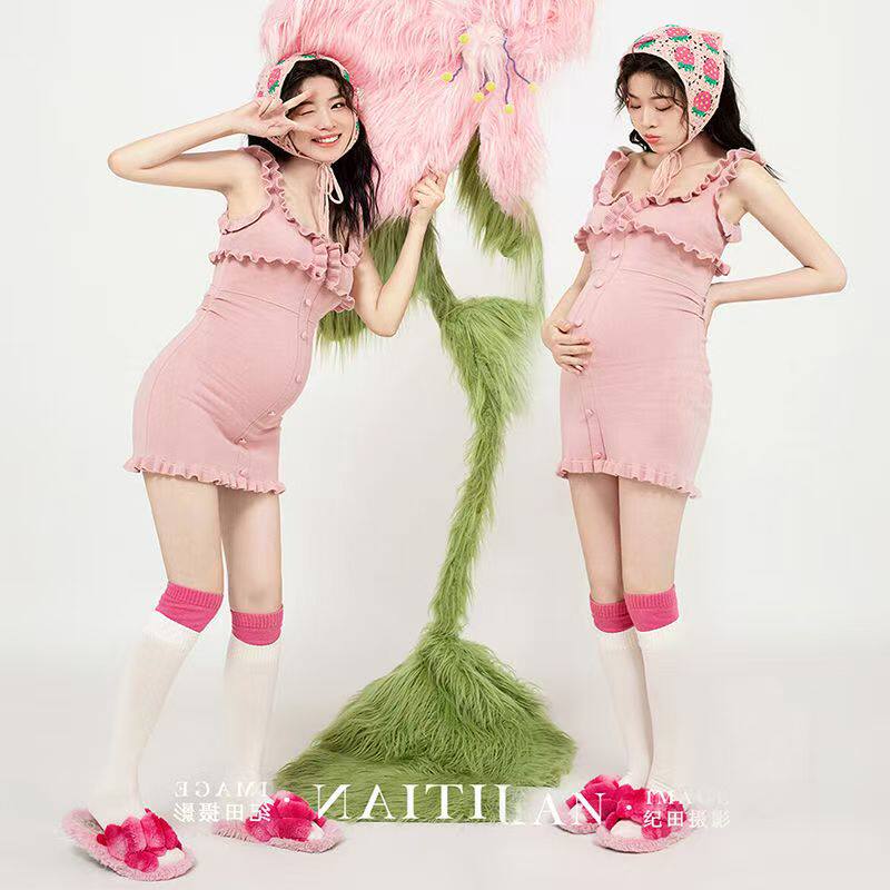 孕妇拍照服装25新款影楼可爱甜美主题粉色小清新孕妈艺术照连衣裙
