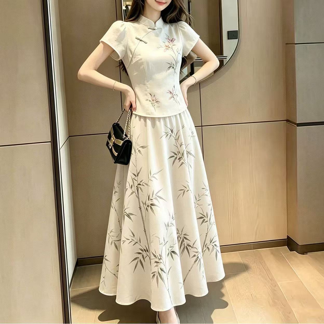 新中式年轻款短袖印花套装裙女