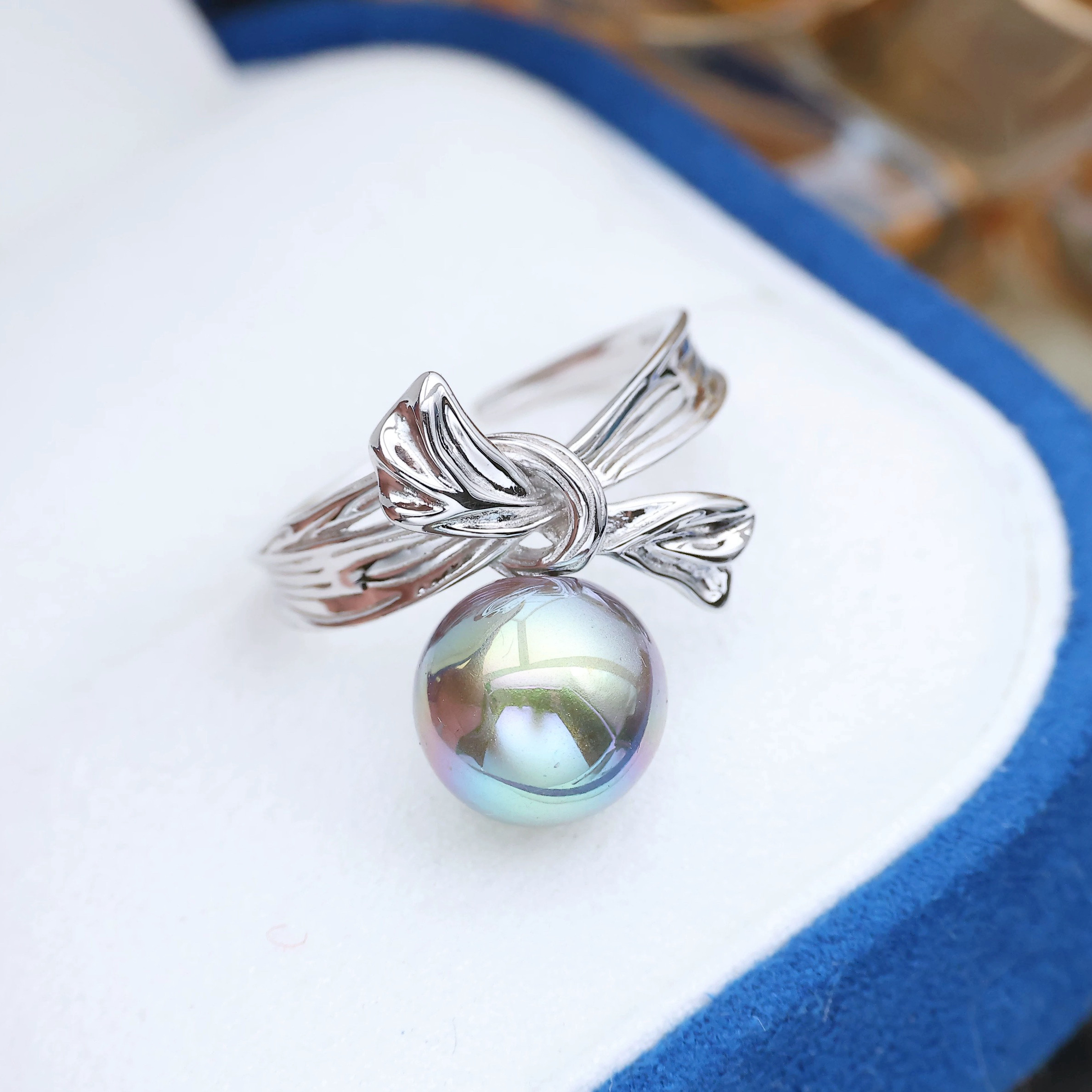 DIY配件 S925纯银光面蝴蝶结戒指空托 珍珠指环手饰戒圈9-12mm圆