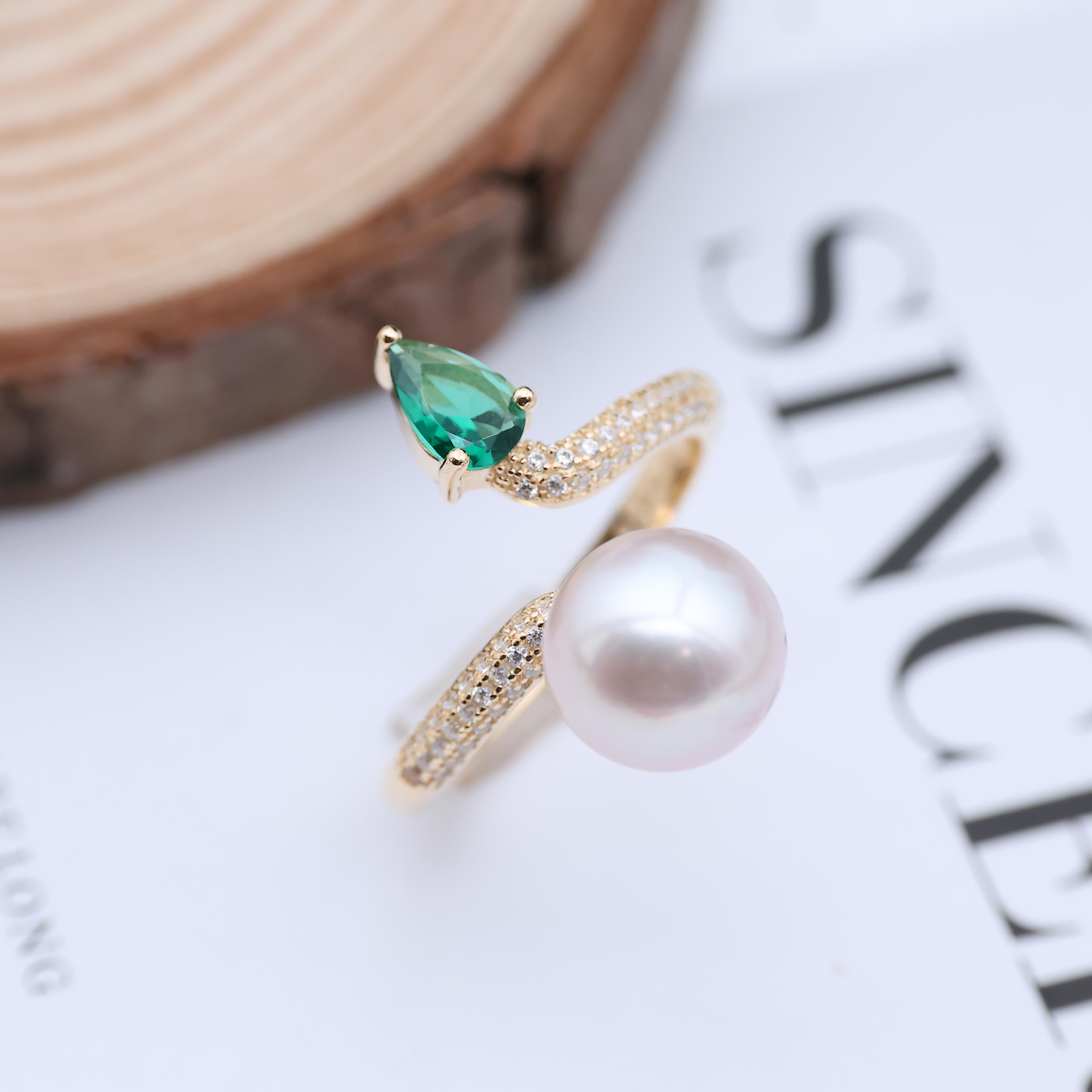 DIY珍珠配件 S925纯银绿钻蛇形戒指空托 指环指圈戒托配6-9mm圆扁