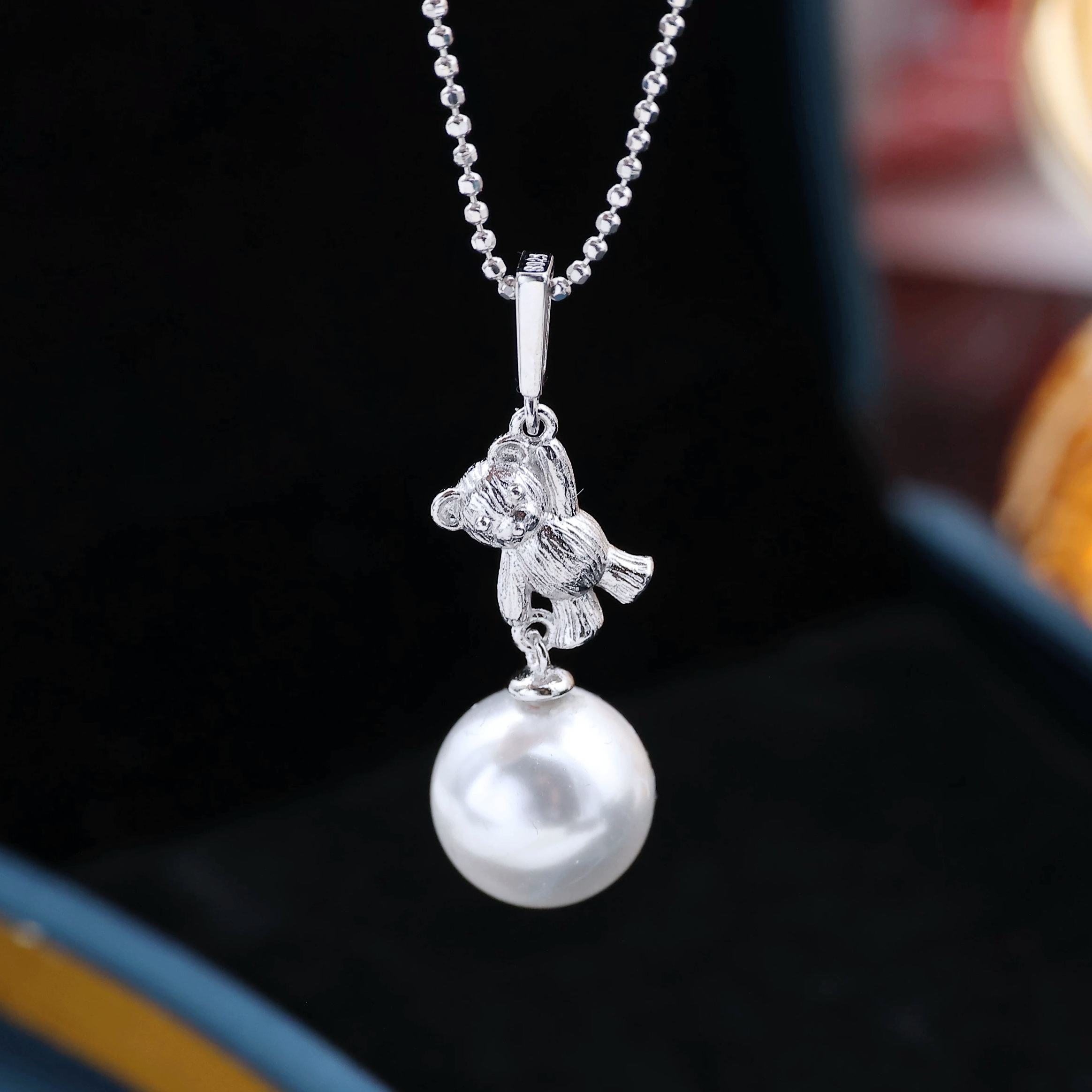 DIY珍珠配件 S925纯银拎包小熊吊坠空托 珍珠项链坠子8-14mm圆椭