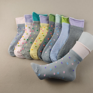 库存尾货特价 棉质双袜口可爱撞色边女袜 微瑕彩色波点中筒袜女四季
