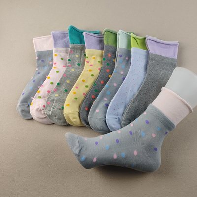 库存尾货特价微瑕彩色波点中筒袜女四季棉质双袜口可爱撞色边女袜