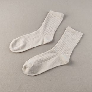 库存尾货纯棉中筒袜女条纹吸汗防臭四季 米白色坑条女袜简约百搭女