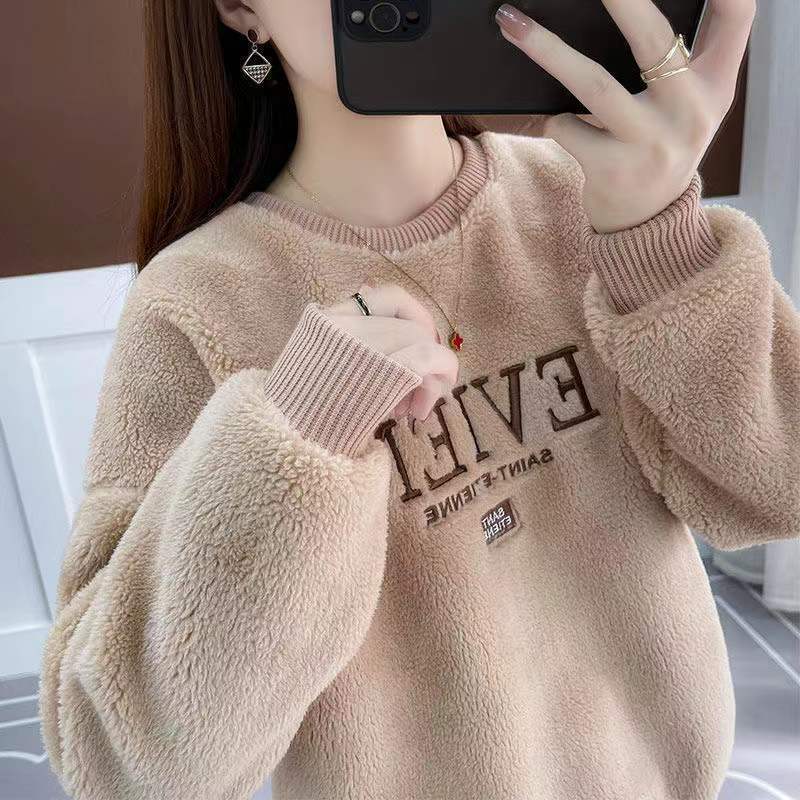 毛绒一体绒圆领卫衣女生学生春秋冬季新款宽松减龄字母绣花外套女