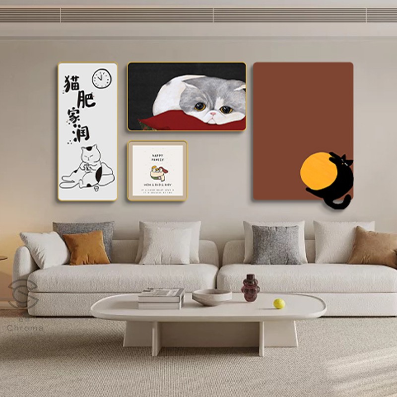 复古奶油风客厅沙发背景装饰画原木风治愈系墙壁画猫咪创意艺术画图片