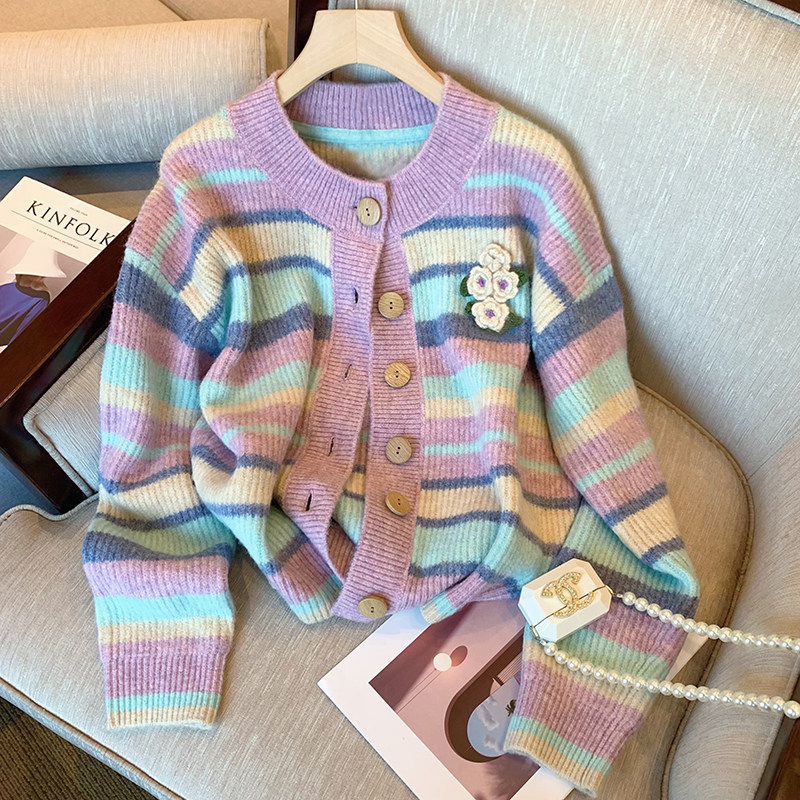 빅 브랜드 통관 픽업 한국판 대비 스트라이프 니트 가디건 여성 틈새 루즈한 게으른 스타일 초가을 스웨터 재킷