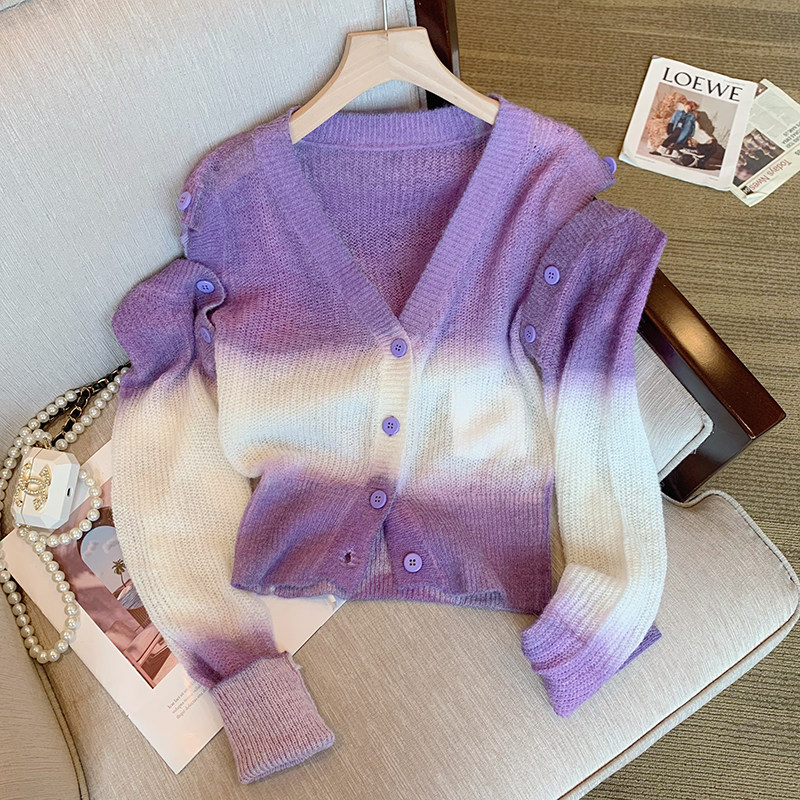 빅 브랜드 통관 틈새 스타일 그라데이션 보라색 오프 숄더 스웨터 여성 슬리밍 기질 브이넥 스웨터 가디건