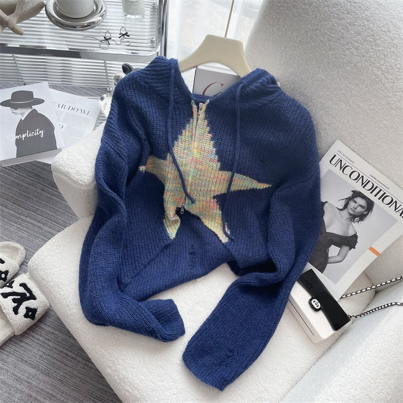 빅 브랜드 클리어런스 픽업 여성용 대비 컬러 스타 후드 스웨터 가디건 게으른 디자인 틈새 지퍼 짧은 탑