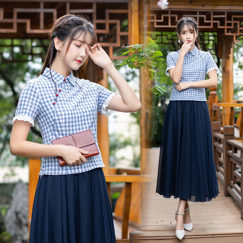 2018夏季新品文艺复古棉麻格子上衣松紧腰大摆半身裙两件套套装裙在类目 女装/女士精品, 套装/学生校服/工作制服, 其它套装中 - 来自Buy2taobao.com提供专业的淘宝代购服务