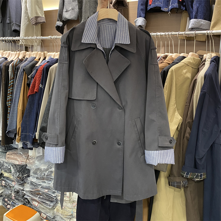 MLNH正品25秋条纹接拼西装领韩版系腰带中长假两件风衣外套78129