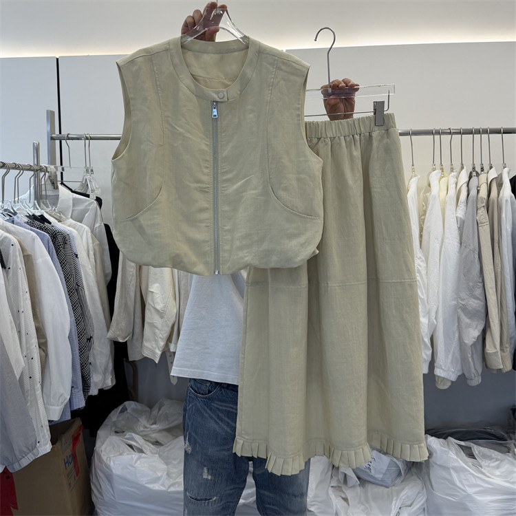 韩国26春夏新圆领拉链马甲+褶皱边长裙韩版两件套莱赛尔苎麻套裙