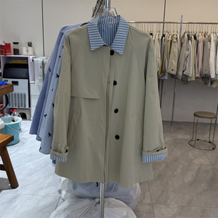 韩国东大门26春新款 休闲中长风衣腰间扣宽松外套 条纹POLO翻领韩版