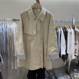 韩国26春装新款腰间调节扣格子翻边袖口韩版休闲一手长风衣外套