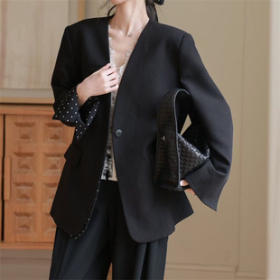 ISPRIN正品26春装新款波点翻边袖韩版休闲气质无领西装一粒扣外套