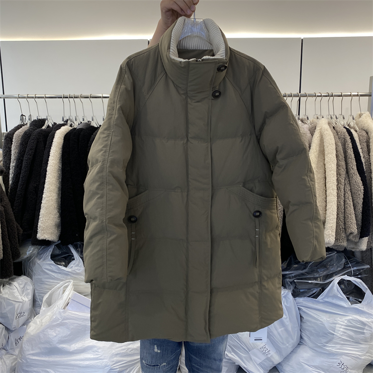 韩国25冬新纽扣明线飘带口袋时尚韩版针织内里立领中长保暖羽绒服