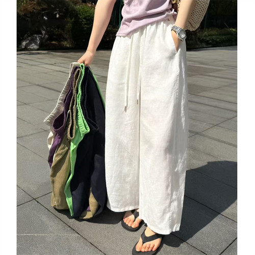 QIANBEISI正品26夏腰间金属圈韩版休闲松紧腰宽松气球亚麻九分裤