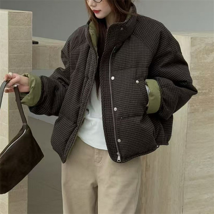 韩国东大门25冬新撞色内里卷边袖时尚韩版立领羊毛呢千鸟格羽绒服