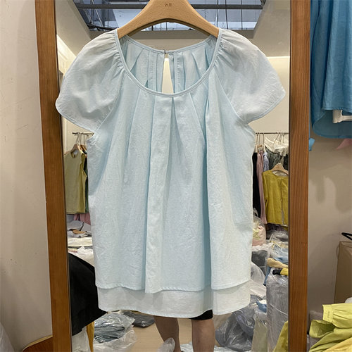 韩国in.11正品25夏装新款褶皱设计感后背小镂空韩版纯色短袖衬衫