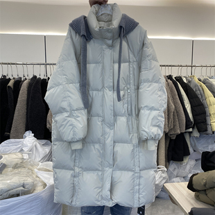 韩国25冬装 休闲加厚中长过膝保暖羽绒服 新脱卸抽绳毛线帽立领韩版