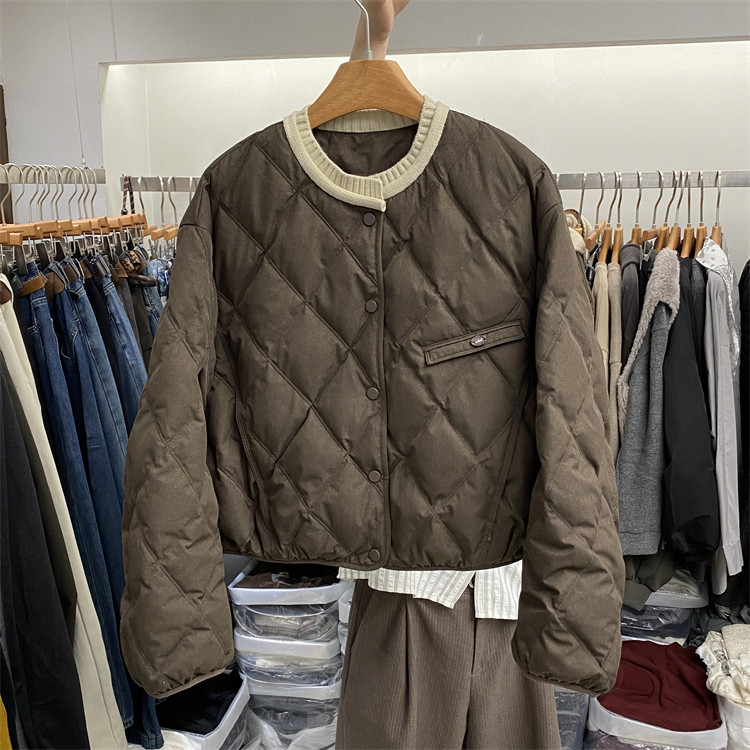 韩国东大门25秋冬针织边圆领单排扣韩版棱形格短款羽绒服韩系外套