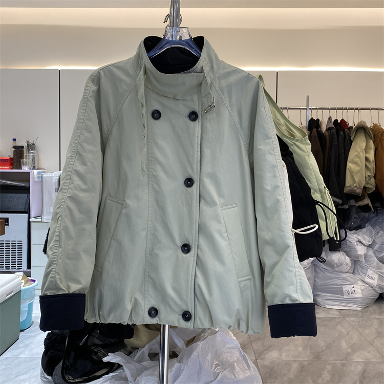 韩国25冬款撞色翻边袖韩版双排扣立领工装羽绒服白鸭绒外套35892