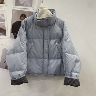 韩国东大门25冬装新款格子翻边袖下摆抽绳韩版休闲立领羽绒服外套