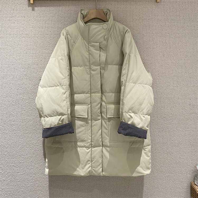 韩国25冬新款千鸟格翻边袖大口袋韩版休闲立领加厚中长保暖羽绒服