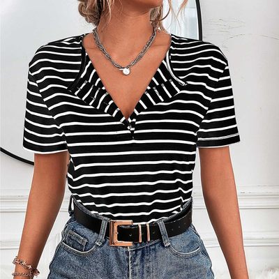 Casual Striped Crew Neck Button Half Sleeves条纹圆领纽扣半袖