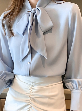 Solid Color Fitted Stand Collar Bow Shirt纯色立领蝴蝶结衬衣