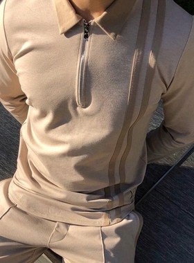 Zip colorblock striped men's top拉链拼色条纹上衣男士POLO衫