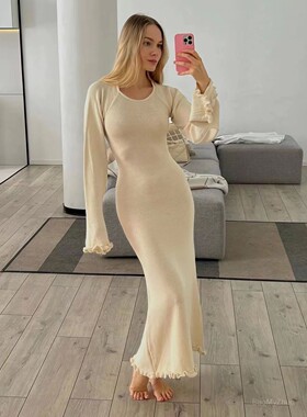 Black fungus edge backless knitted long skirt木耳边露背长裙