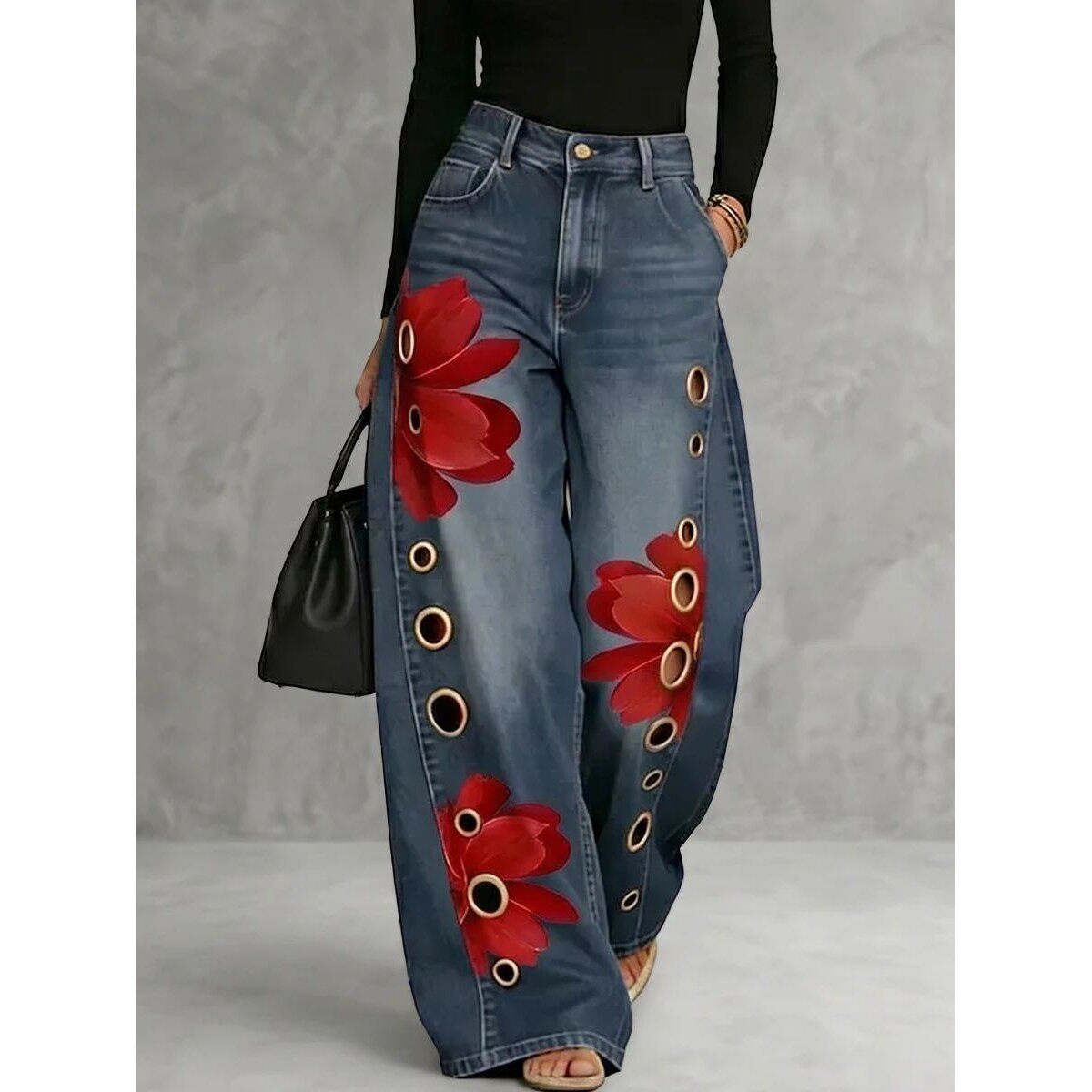 高腰印花镂空阔腿裤High waisted printed hollow wide leg pants