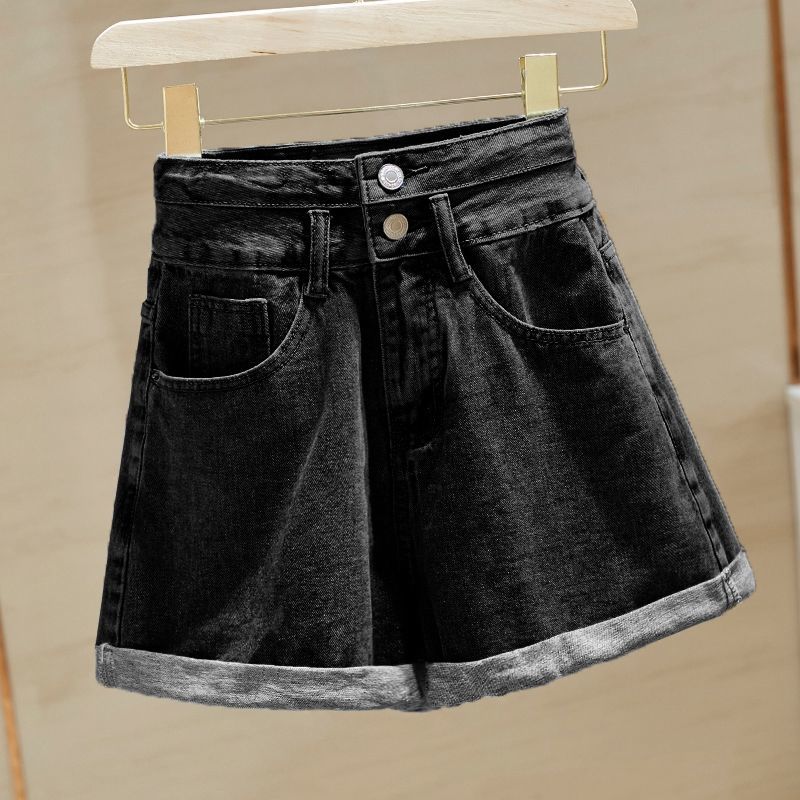 Rolled wide-leg flared denim shorts卷边A字显瘦阔腿牛仔短裤女