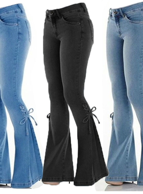 Stretch flared casual denim trousers中腰系带弹力喇叭牛仔长裤
