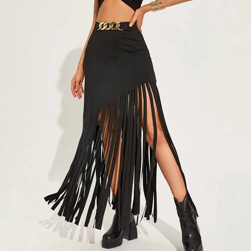 纯色褶皱开叉不规则流苏半裙Solid color irregular fringe skirt