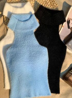 white topwaistbandtop挂脖束腰无袖超好看蓝色背心