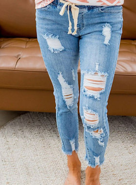 High waist ripped elastic waist jeans高腰破洞松紧腰牛仔裤女