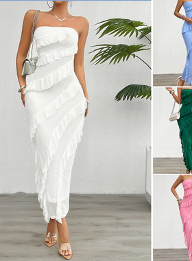 Black fungus edge splicing hip wrap skirt木耳边拼接包臀长裙